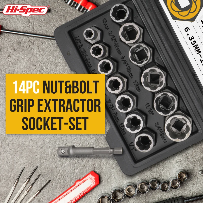 14pc Impact Bolt Nut Socket Set Tool Damaged Screw Nut Removal Tool Accessory Set Extraction Socket Wrench Set Mechanical Tool