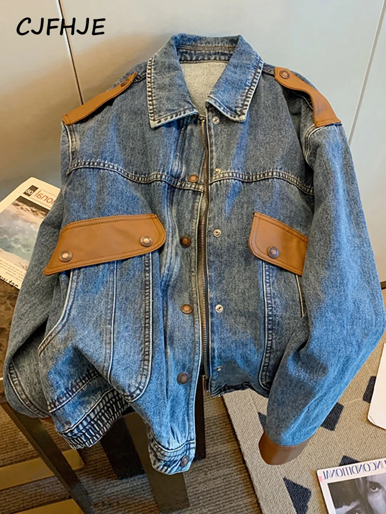 

Blue Vintage Patchwork Denim Jacket For Women Color Blocking Chic Fashion Korean Loose Female Jackets Zipper Casual Denim Coats