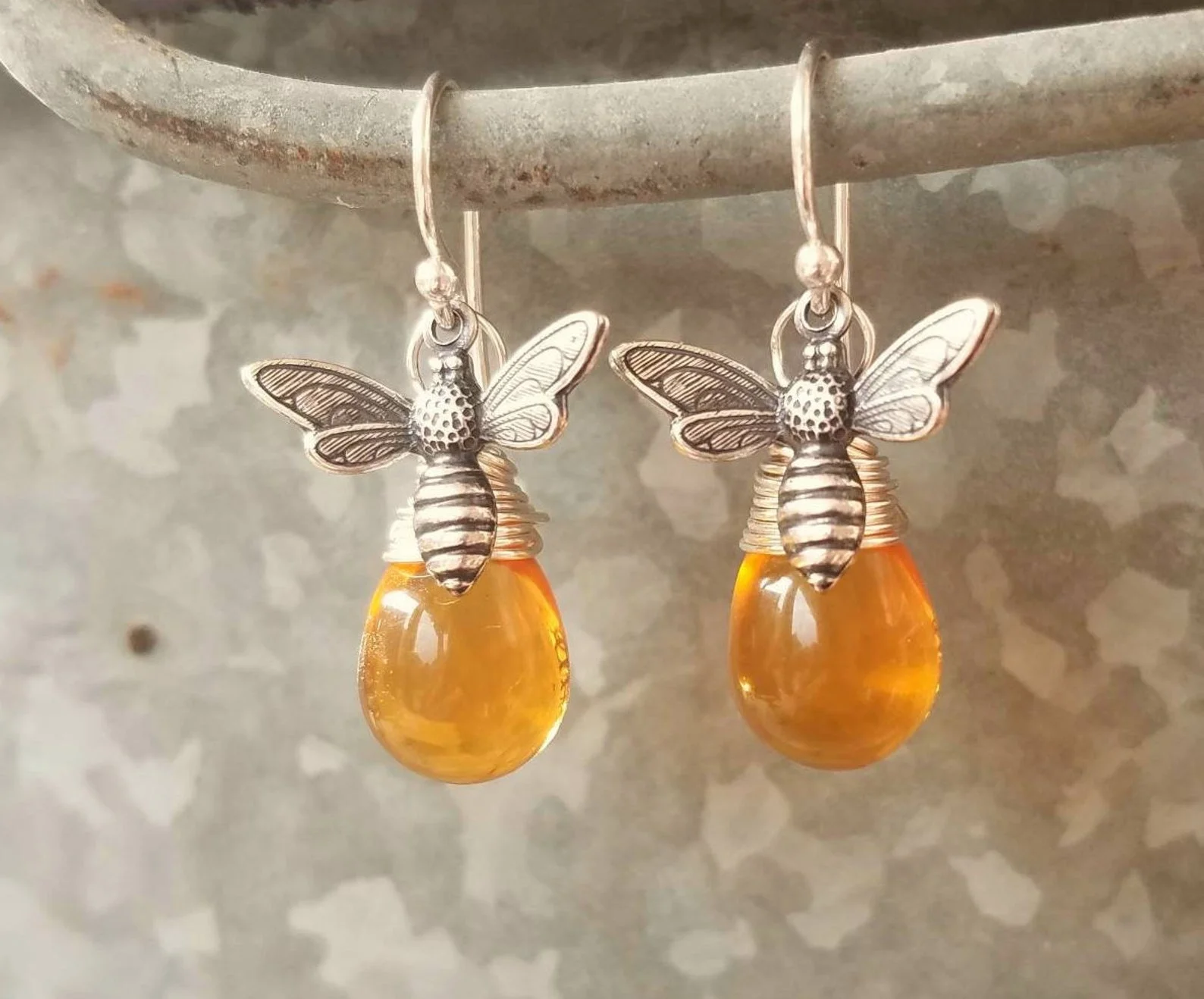 Silver Honey Bee Earrings. Honey Bee Jewelry. Wire Wrapped Drops Honey Amber Earrings