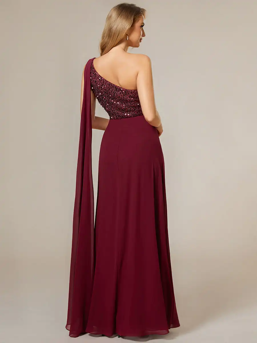 Elegant Evening Dresses Bodice One Shoulder Sleeveless Shiny Sequin 2024 Ever pretty of A-Line Chiffon Burgundy Bridesmaid dress