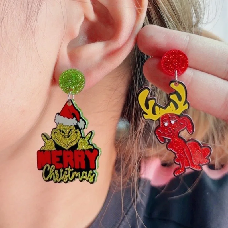 YAOLOGE Exaggerated Funny Christmas Gift Green Animal Frog Elk Christmas Tree Earrings Women Acrylic Eardrop New Year Gift