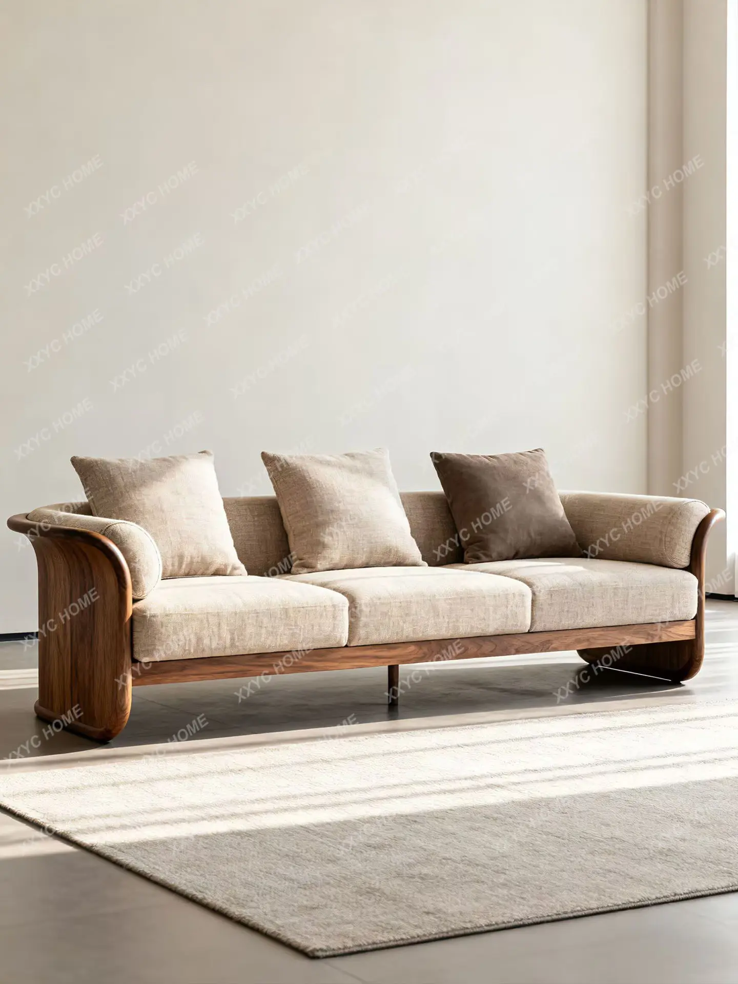 Minimalist North American black walnut straight row sofa living room solid wood fabric three-person sofa