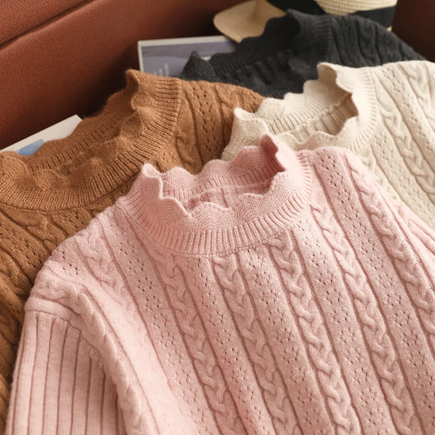 Japonais doux Mori fille couleur unie dentelle Patchwork pull pulls femmes automne col montant à manches longues décontracté tricoté hauts