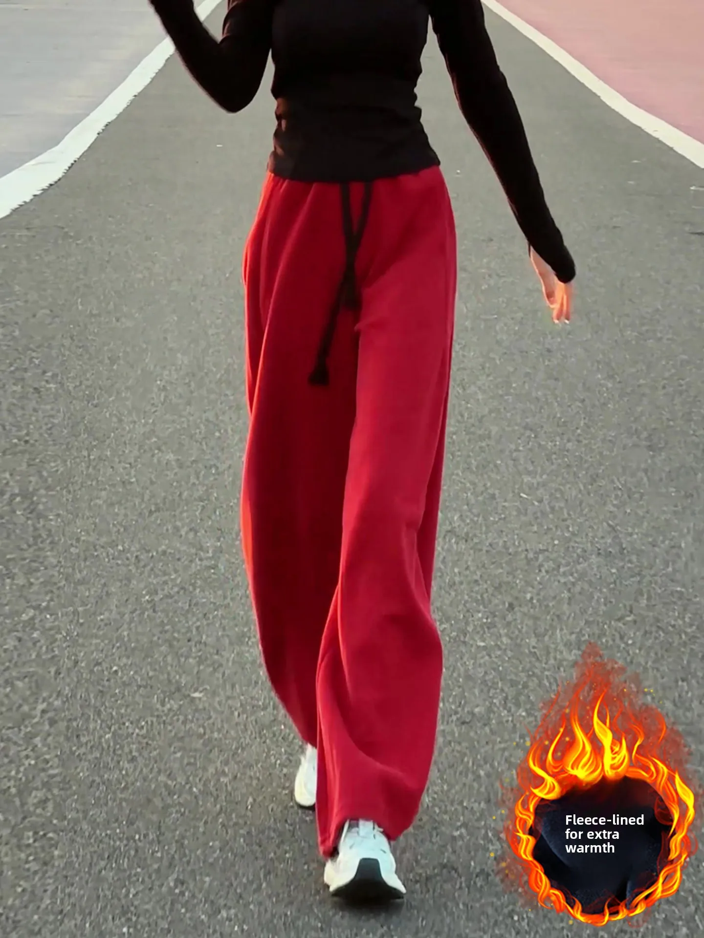 레드 페이스 라인드 캐주얼 스포츠 팬츠 여성용 가을 겨울 하이 웨이스트 슬림 와이드 레그 스웨트팬츠 한국 스타일