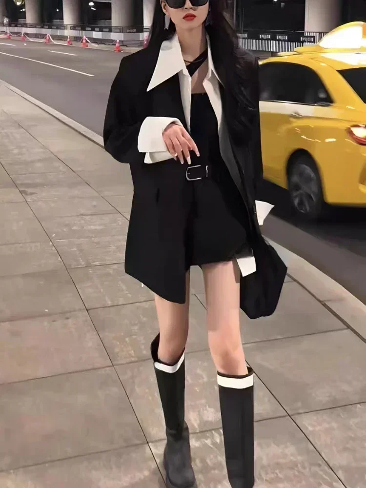 Sommer 2024, neuer gefälschter zweiteiliger Anzug, Jacke, Oberteil, halber Rock, Shorts, weites Bein, kurze Hosen, zweiteiliges Set, Y2k, schwarze