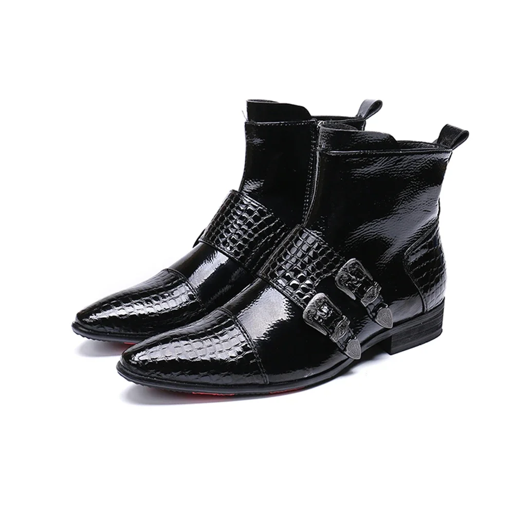 Black Buckle Patent Leather Low Heels Pointed Toe Zipper Boots Male Plus Size Fashion Party British Style Business Dress Shoes