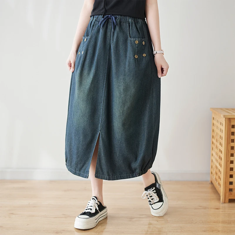 

2024 New Arrival Summer Women Casual Loose Elastic Waist A-line Button Design Pockets Patchwork Cotton Denim Mid-calf Skirt V936