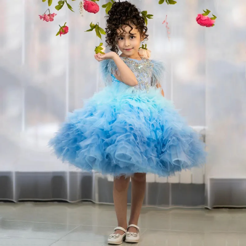 Customized Flower Girl Dresses Blue Tulle Tiered Floral Sequin Sleeveless For Wedding Birthday Party Prom Holy Communion Gowns