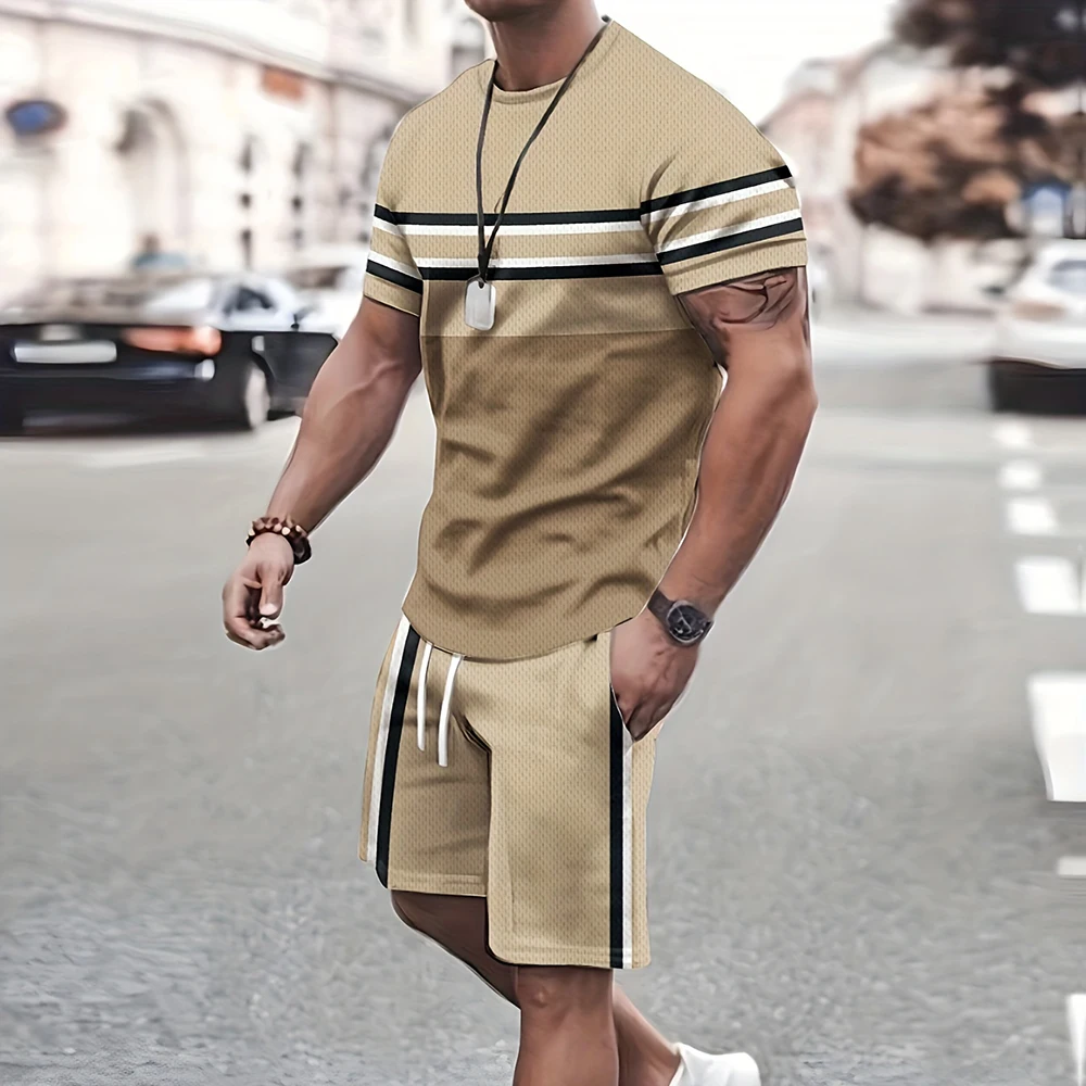 Traje de verano para hombre, a rayas 3D Camiseta con estampado, Top Hawaiano de manga corta con cinturón, pantalones cortos con bolsillo y cordón