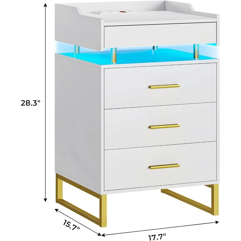 Nightstand Set of 2 with Charging Station, LED Night Stand with Pull-Out Tray with Drawers, Modern End Table Storage Cabniet