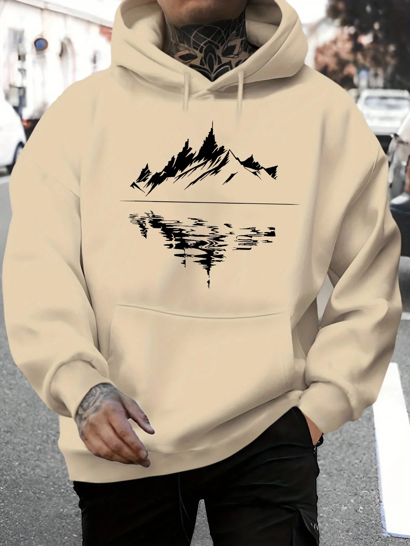 Men's autumn and winter casual loose hooded sweatshirt with mountain reflection pattern printed long sleeved warm pullover