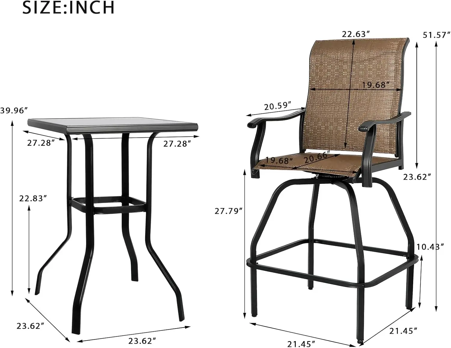 Patio Bar Set 3pcs Swivel Bar Stools Outdoor Bistro Textilene Furniture Stability All-Weather Set with Height Table (3, Dark Bro