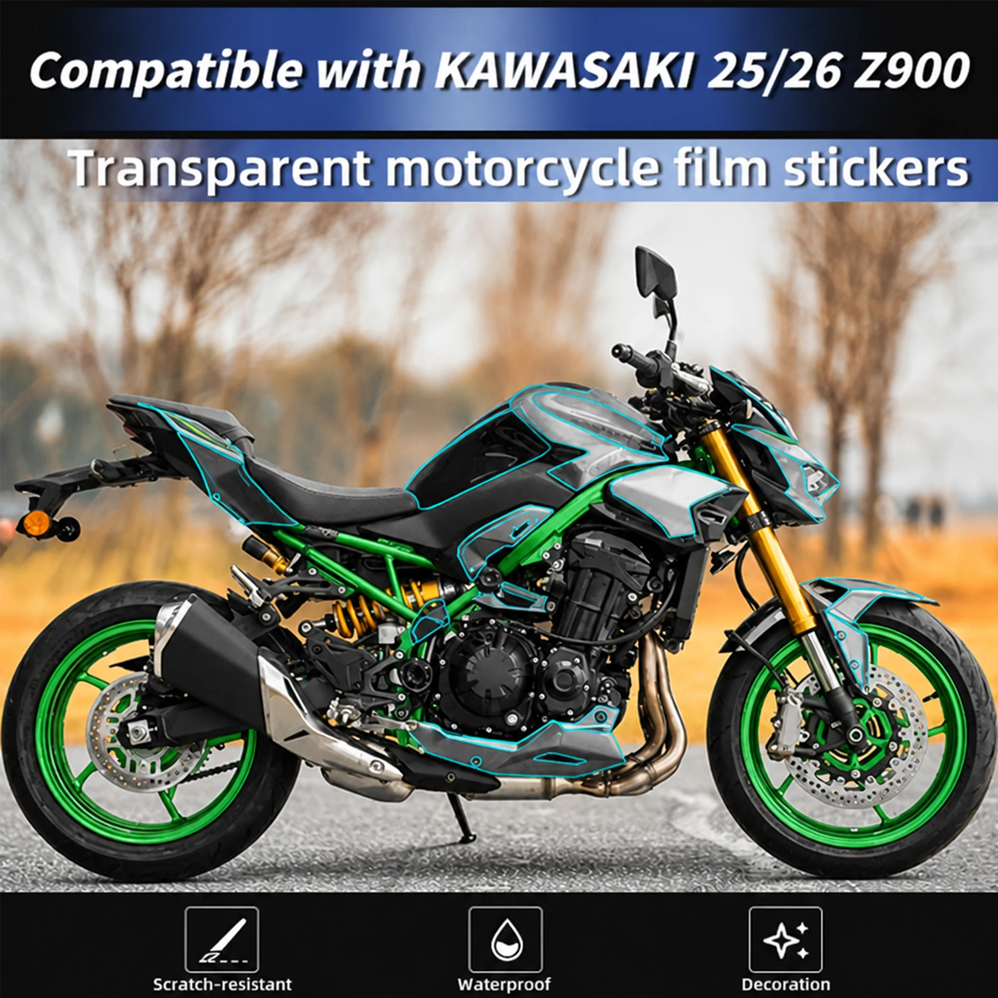 Compatible with 2025 Kawasaki Z900 Motorcycle Invisible Paint Protection Film Tank Protector Sticker Anti-scratch Body Decal
