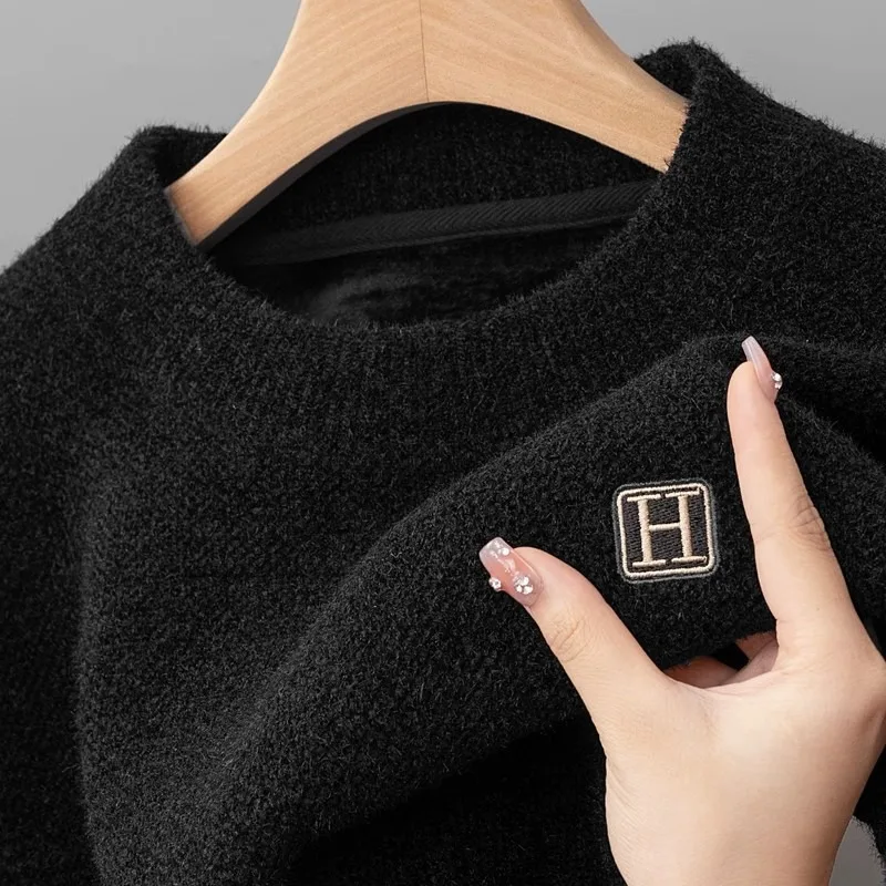 Maglione pullover lavorato a maglia a maniche lunghe da uomo nuovo maglione classico caldo termico autunno inverno maglione ispessito foderato in pile leggero