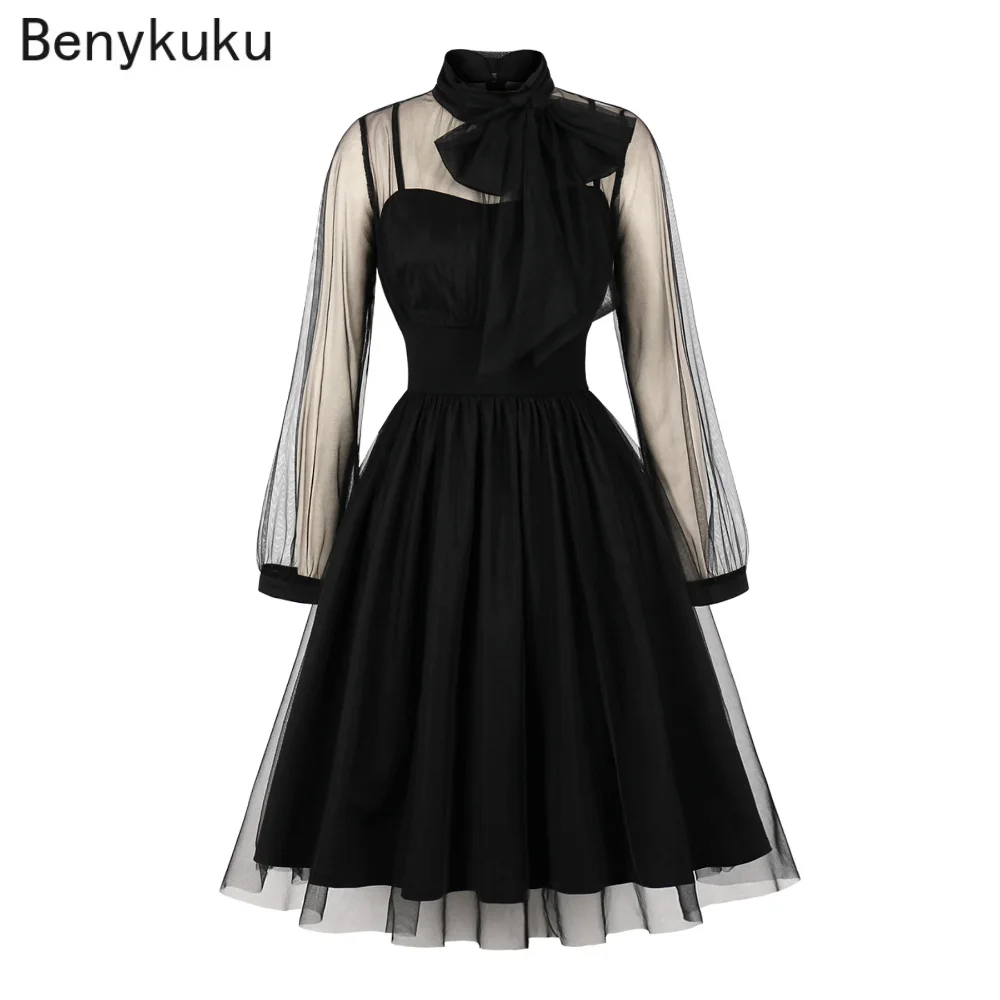 

Винтажное платье 1950-х годов с длинными рукавами из сетчатого тюля, элегантное женское платье с бантом на шее, завышенной талией и плиссировкой, для дня рождения, вечеринки, выпускного бала, Vestidos