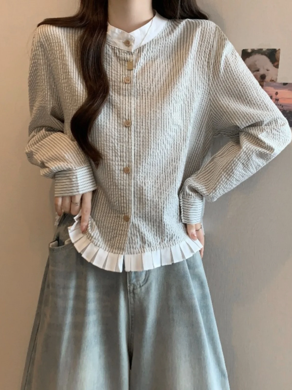 Blue Vertical Stripes Long Sleeve Shirt Women's Korean Style plus Size Autumn New Arrival Belly Cover Unique Top