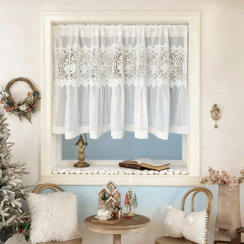 French Style Exquisite Flower Embroidered Lace Short Curtain White Elegant Sheer Cafe Curtain For Living Room and Kitchen Door