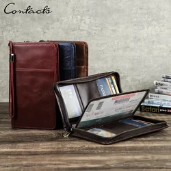 CONTACT'S Genuine Leather Clutch Bags for Men Vintage Passport Wallets Pen Coin Purse Card Holder Men Handbags Clutch Wallets