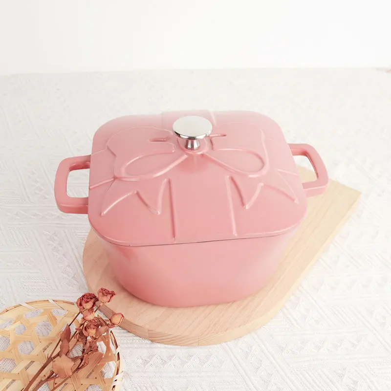 14cm Cute Pink Square Dutch Oven Enameled Cast Iron Pot With Lid Saucepan Casserole Kitchen Accessories Cooking Tools