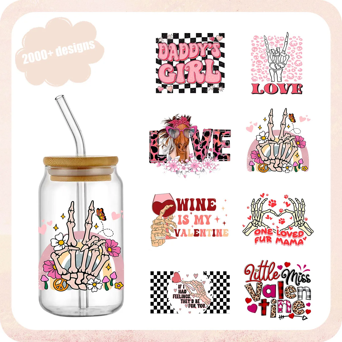 16OZ UV DTF Cup Wrap Transfers Stickers Valentine Heart Designs For DIY Libby Glass Waterproof Custom Decals