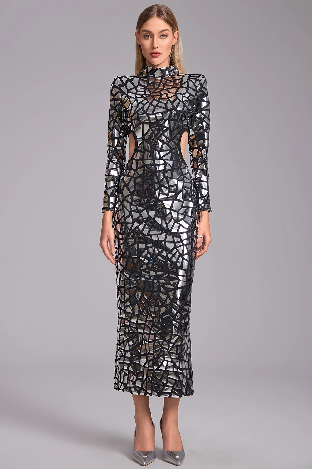 فستان نسائي طويل برقبة وهمية معكوسة ترتر أسود فستان ماكسي بأكمام طويلة فضي سباركلي أداء المغني