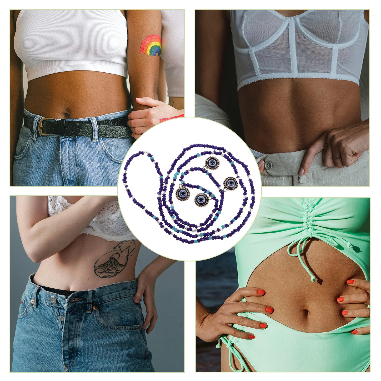 ブルーアイズの邪視除けチャーム付きビーズウエストチェーン、女性用エレガントなボディジュエリー、調節可能なベリービーズ、フェミニンなウエストベルトデコレーション