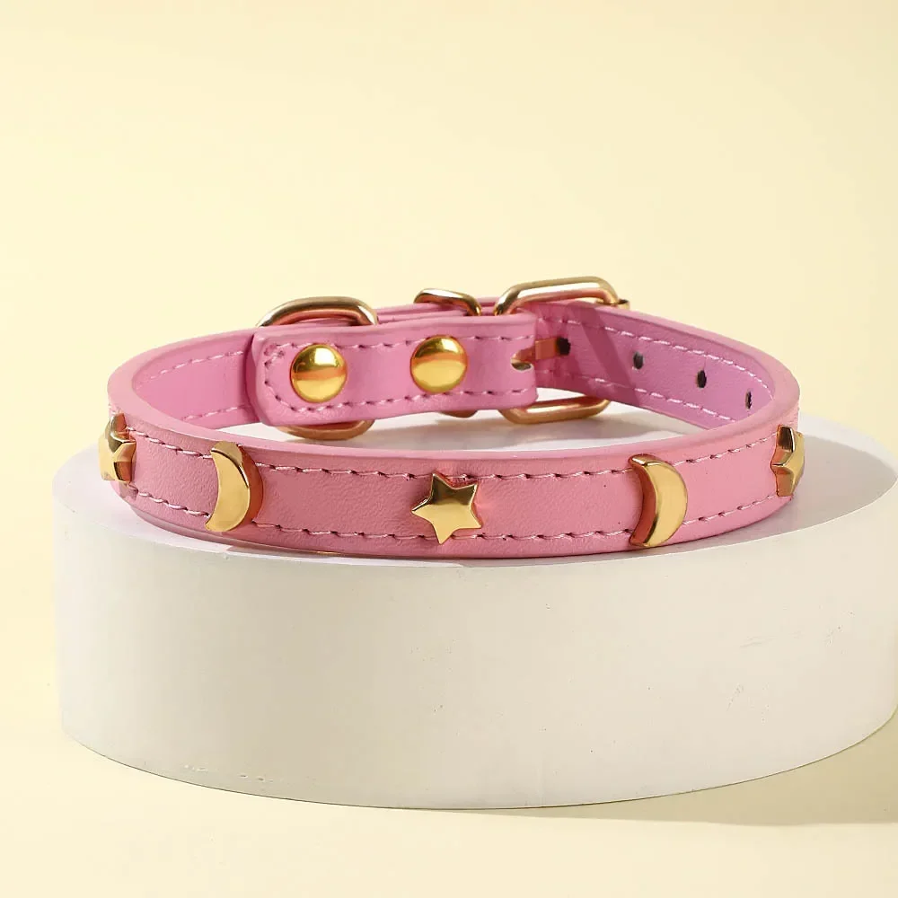 XS-M Cute Cat Collar Soft Leather Pet Collars For Small Dog Kitten Puppy Necklace Cat Accessories  Star Moon Rivets Decoration