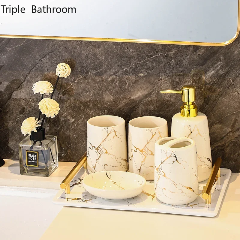 Five-piece Set Ceramic Bathroom Supplies Wedding Decoration Bathroom Accessories with Toothbrush Holder Soap Dispenser Tray