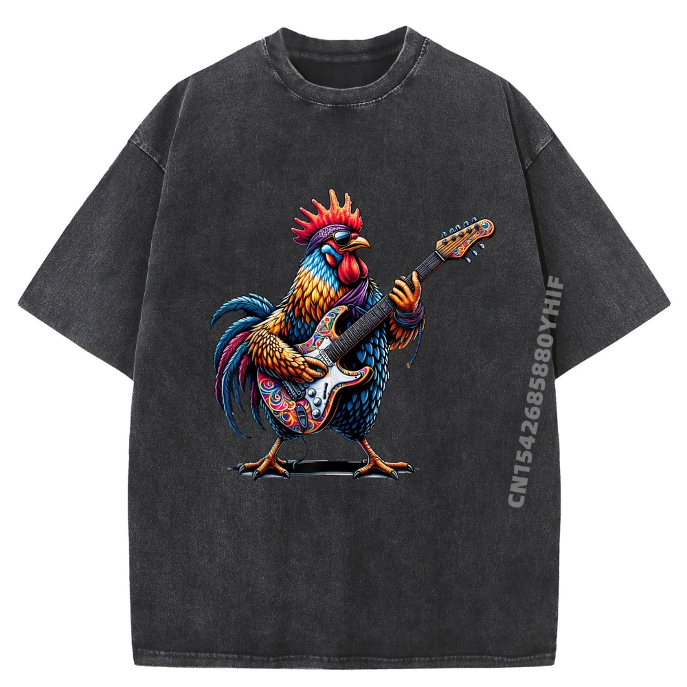 

Футболки с курицей и электрогитарой «Петух», забавные топы и футболки с принтом, мужская стираная одежда в стиле ретро