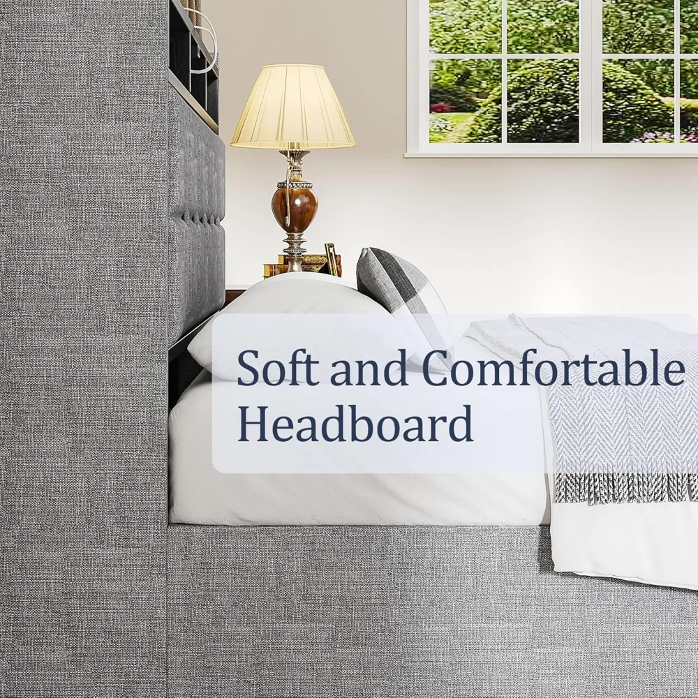 سرير تخزين رفع بالحجم الكامل من VECELO، إطار سرير بمنصة منجدة مع أضواء LED ذكية ومحطة شحن USB، بدون صندوق Spri