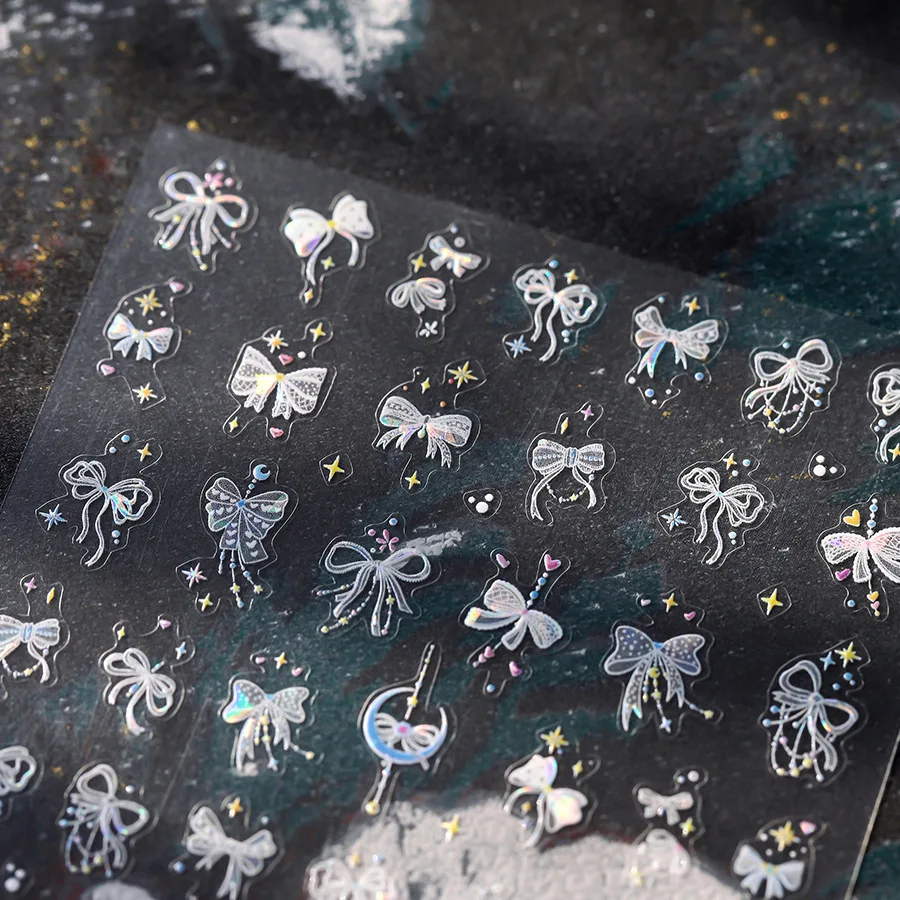 Weiße Spitze Schleife Krawatte Knoten Mini Band Schleife 5D Nail Art Aufkleber Mond Stern Liebe Herz Niedlich DIY Nagel Selbstklebender Maniküre Aufkleber