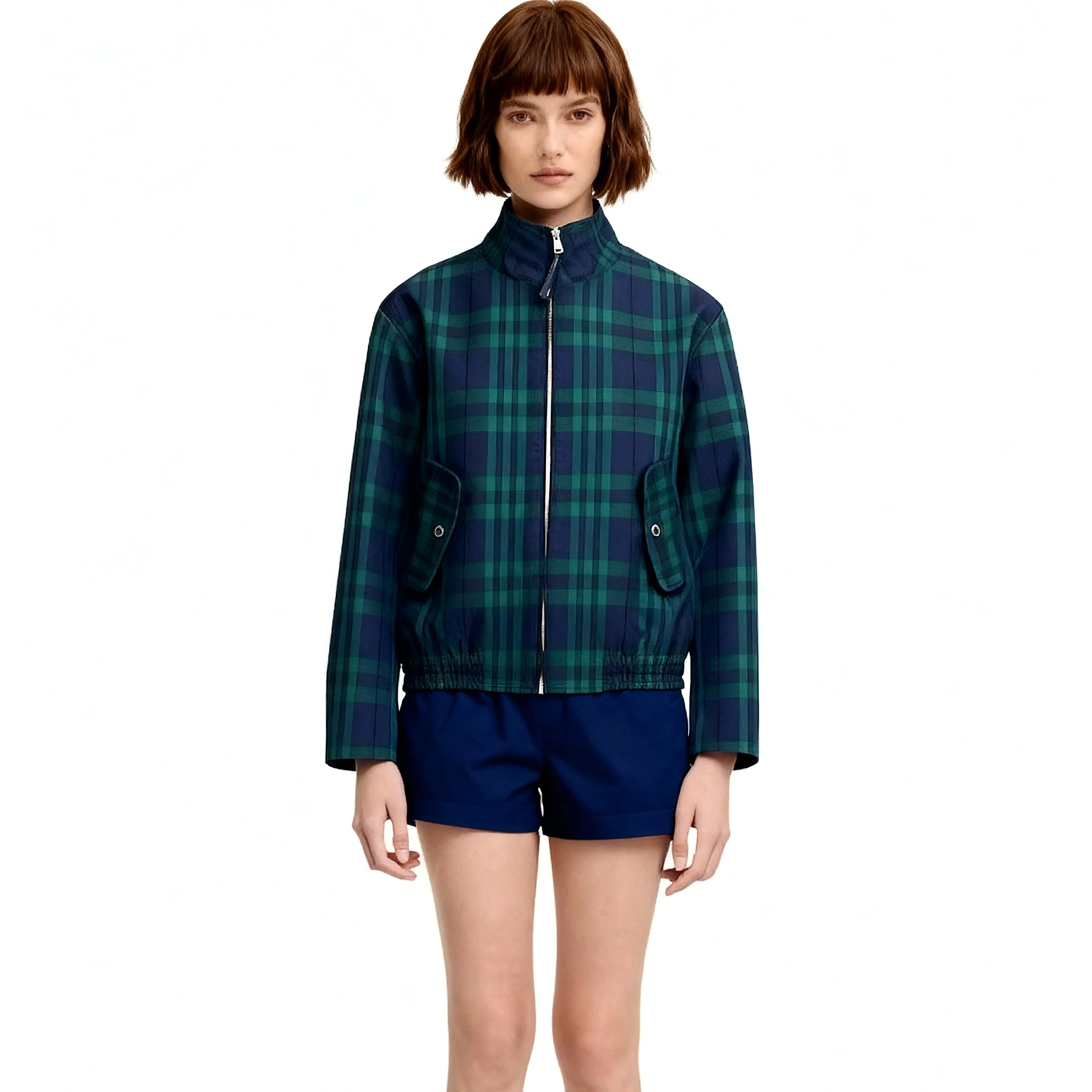 

Women Retro Stand Collar Zipper Cardigan Blue Green Contrast Plaid Long Sleeve Jacket Autumn New