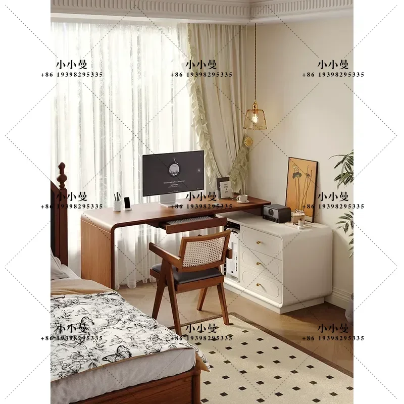 Medieval Style Two Tone Corner Computer Desk Retractable Rotating Solid Wood Writing Table with CPU Storage for Small