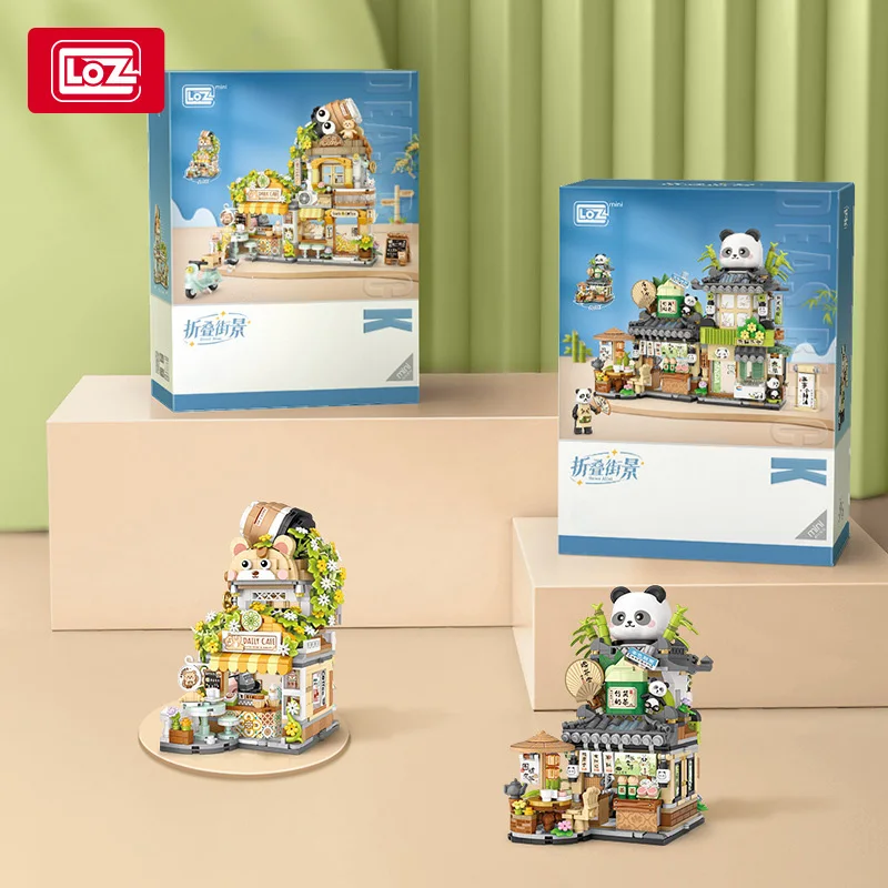 LOZ-1383 Street View series Panda Teahouse Bear Coffee Shop model matching children and adult building blocks toy gifts