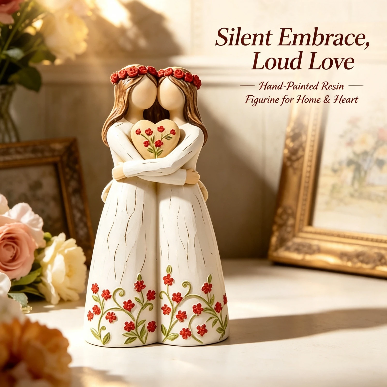 Resin Mother Daughter Statue Hugging Figurine, With Red Flowers Heart Home Table, Decor Wedding Birthday Anniversary Gift Orname