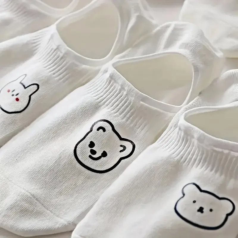 5/10/20 Pairs Women White Cartoon Invisible Socks Cute Animal Design Sweat Absorbing Breathable Soft Comfortable Casual Socks image 3