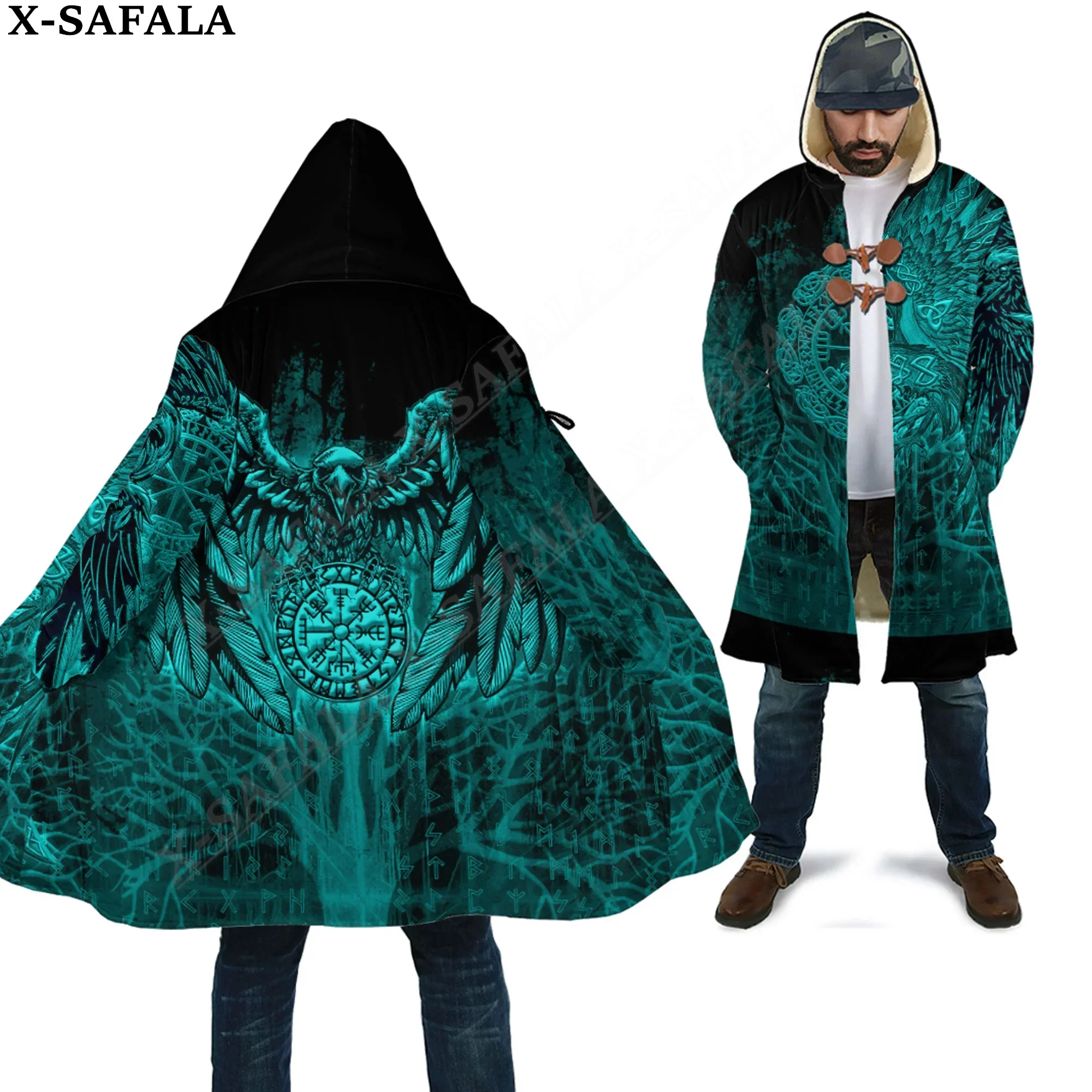 

Vegvisir Raven Tattoo Symbol Viking Odin Overcoat Coat 3D Print Thick Warm Hooded Cloak Men Windproof Fleece Unisex-5