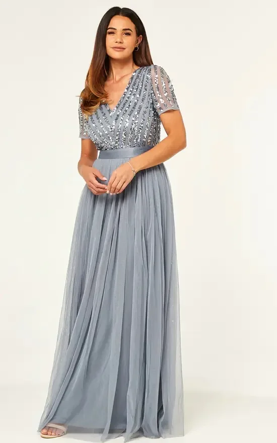 New Ladies Sequined Bridesmaid Dress Short Sleeve V-neck Evening Gown Temperament Banquet Skirt Mother Wedding Dress Party