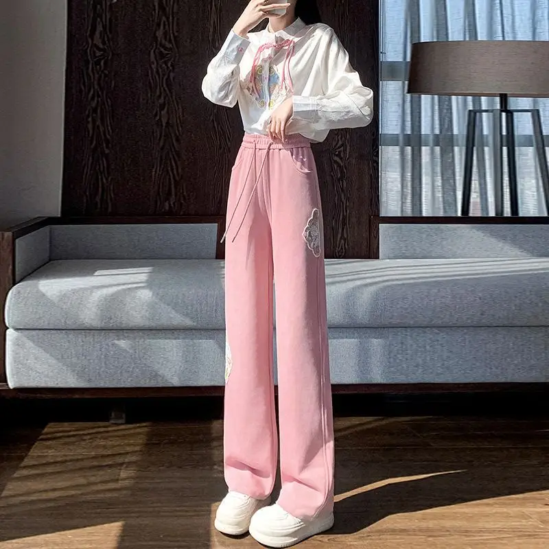 Chinese Style Fashion Embroidered Solid Color Straight Women Autumn Simplicity High Waist Wide Leg Elegant All-match Bloomers