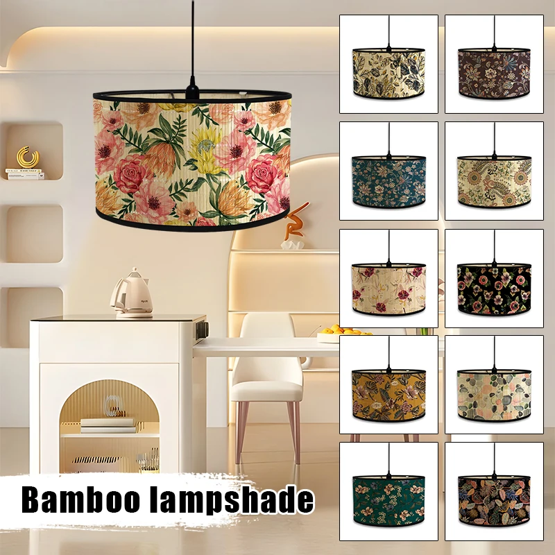 Handmade Bamboo Lamp Shade Retro American Flower Print Lampshade Warm House Decoration Chandelier Lampshade Lighting Crafts