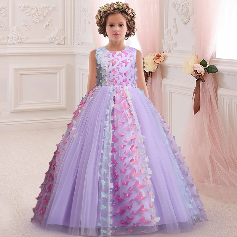 4-12 year old girls' colorful butterfly patchwork fluffy dress long dress children's sweet princess dress banquet host dress