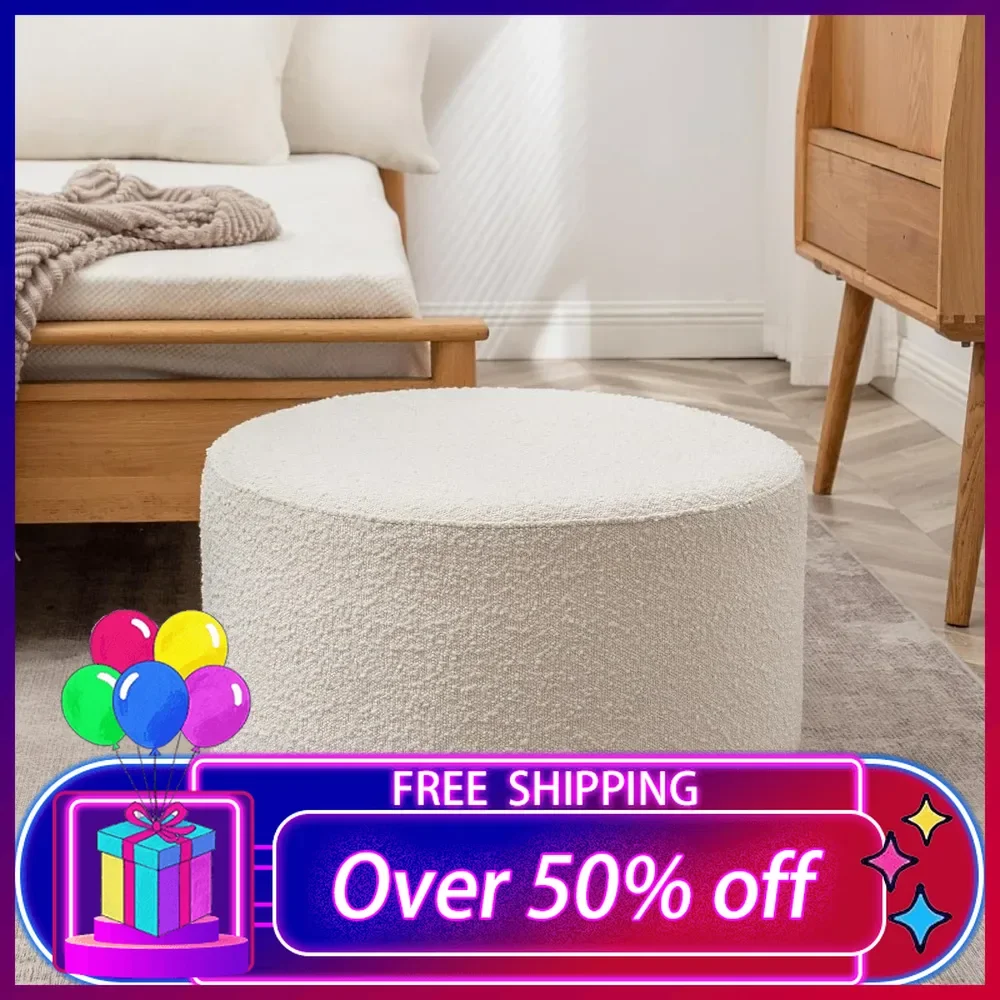 Round Boucle Upholstered with Soft Padded Seat, Multi-Functional Sofa Footrest, Side Table, Seating for Living Room,Footstool