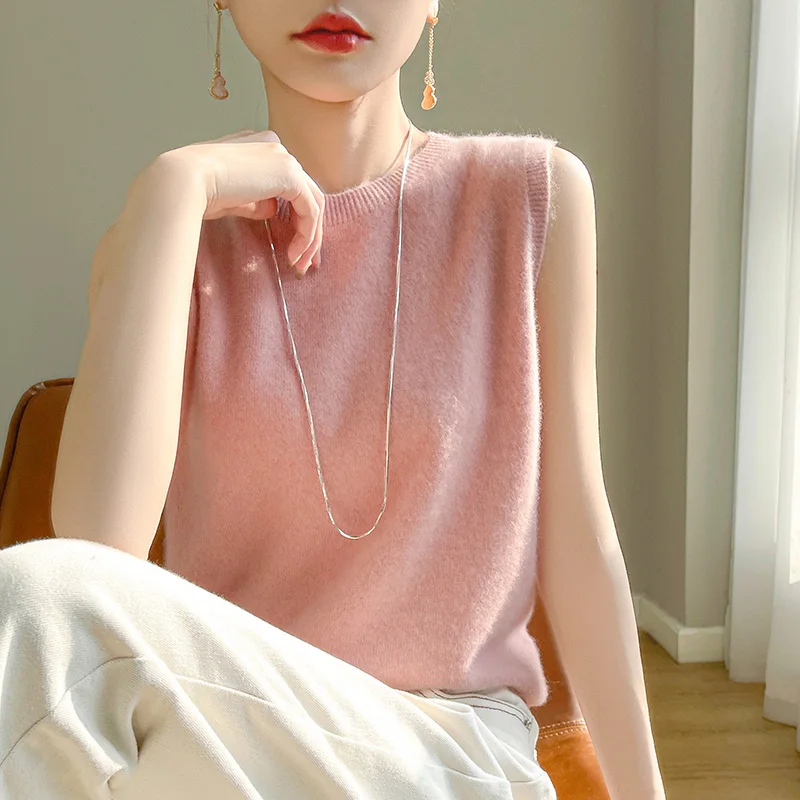 Seamless 100% Pure Wool Vest Women\'s Round Neck Pullover Spring/Summer New Needle Sleeveless Vest Solid Color Camisole
