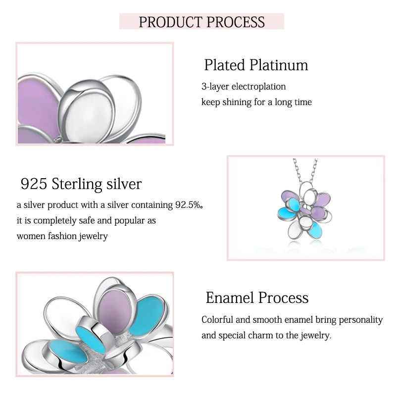 LAYA Vintage Enamel Flower Pendant Necklace For Women Temperament Blue Purple Flower Shaped Wedding 925 Sterling Silver Jewelry