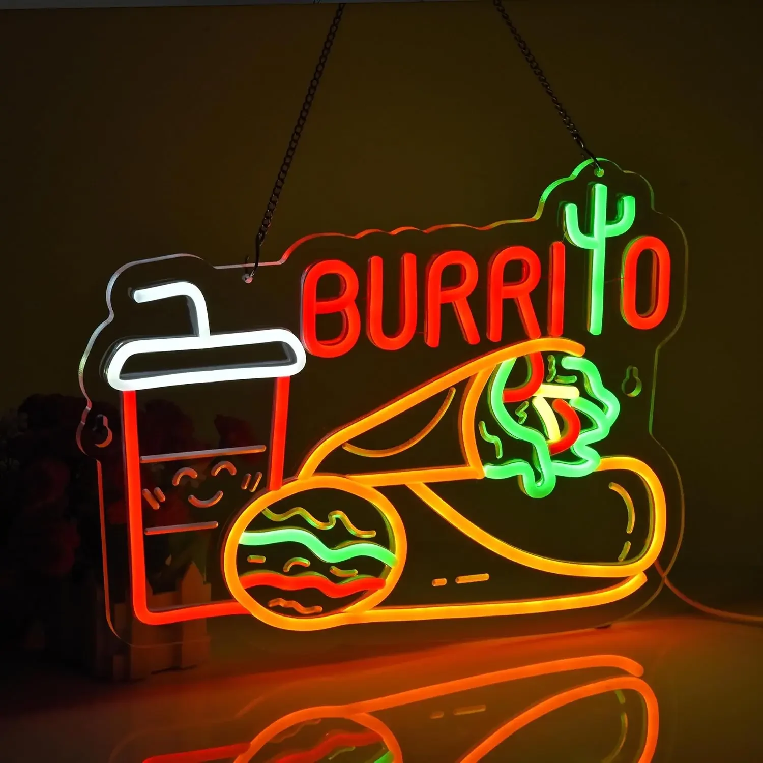 Burrito Neon Light Dimmable LED Wall Art Mexican Food Sign with Drink USB Power Tex Mex Restaurant Kitchen Business Decor Light