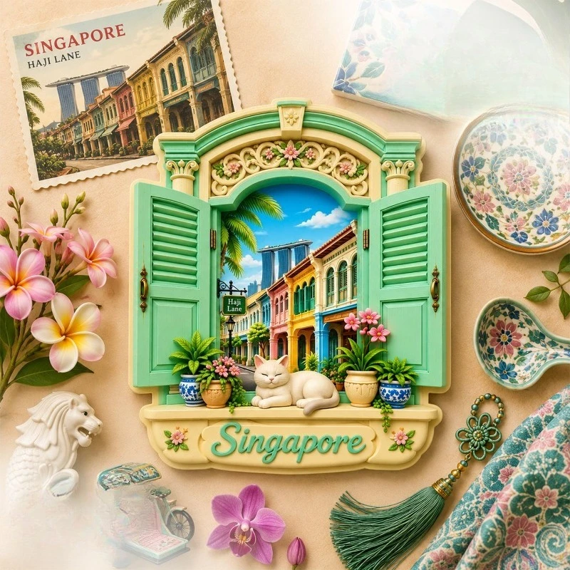 Haji Lane Window Cat Fridge Magnet - Charming 3D Singapore Souvenir Unique Southeast Asian Gift for Travel & Urban Decor