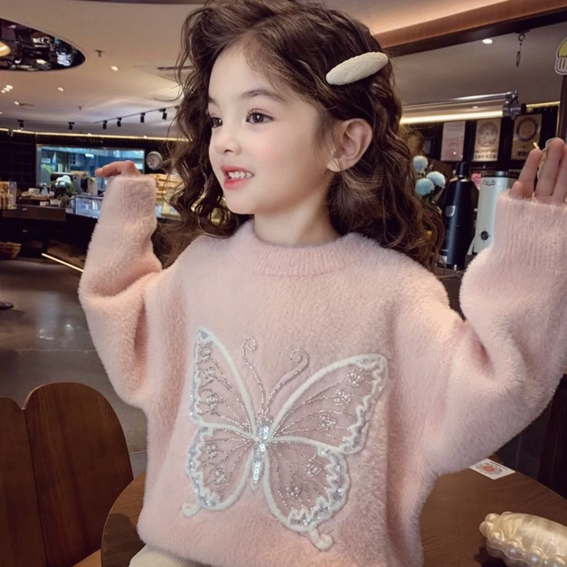 

Girl's Non-Pilling Synthetic Mink Winter Thickened Fleece-Lined Knit Sweater Trendy Warm Cozy Fashionable Underlayer Top