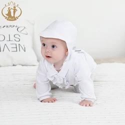 White Baby Boy Clothes Set Baptism Outfits Summer Solid Full Sleeve Bow Lace Christening Gown Newborn Gentleman Birthday Hat