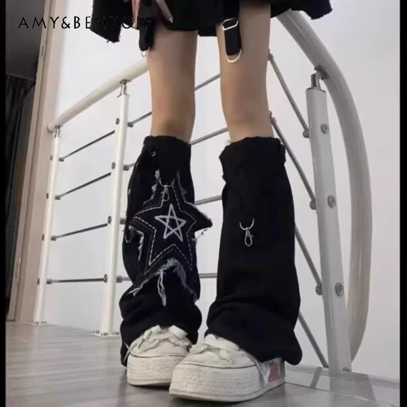 

Punk Dark Gothic Star Women's Socks Original Design Straps Slimming Height-enhancing Lolita Black Mid-calf Foot Warmers Ladies