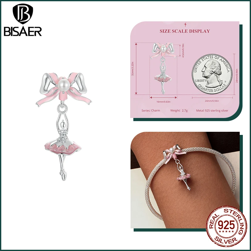 BISAER 925 Sterling Silver Princess Bear Ballet Girl Charm Bead Pink Shoe Bow Safety Chain Fit Women DIY Bracelet Fine Jewelry